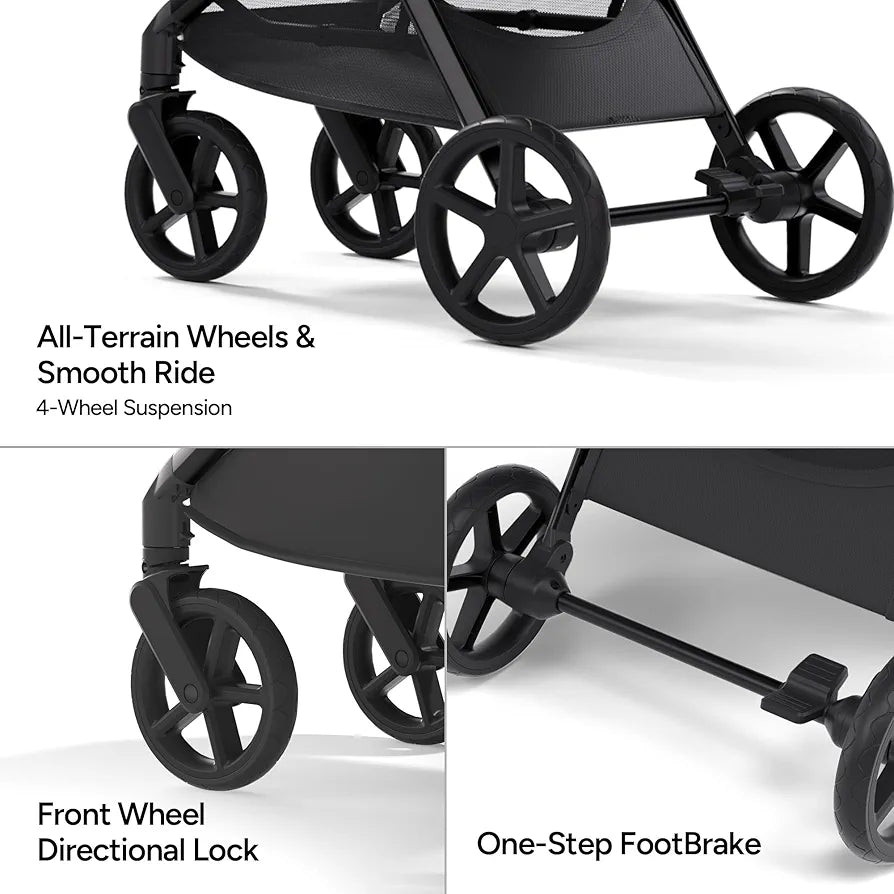 Mompush Vira All-Terrain Stroller, One-Hand Fold Baby Stroller with XL UV50+ Canopy, Multi-Position Recline, Adjustable Handlebar, Removable Washable Seat Pad, Large Storage Basket, Newborn to Toddler
